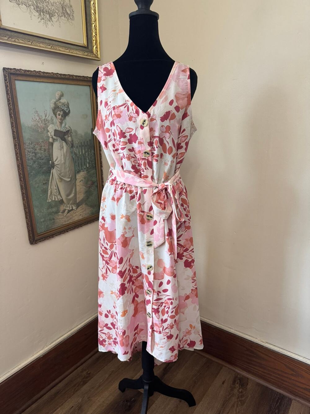 Luxology Wedding Guest Floral High Low Midi Dress Tie Waist Pink M
